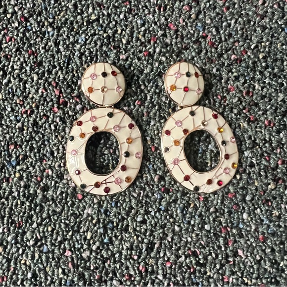 ZARA Off-White Cream & Colorful Gemstone Oval Dangle Statement Earrings Jewelry - Picture 9 of 12